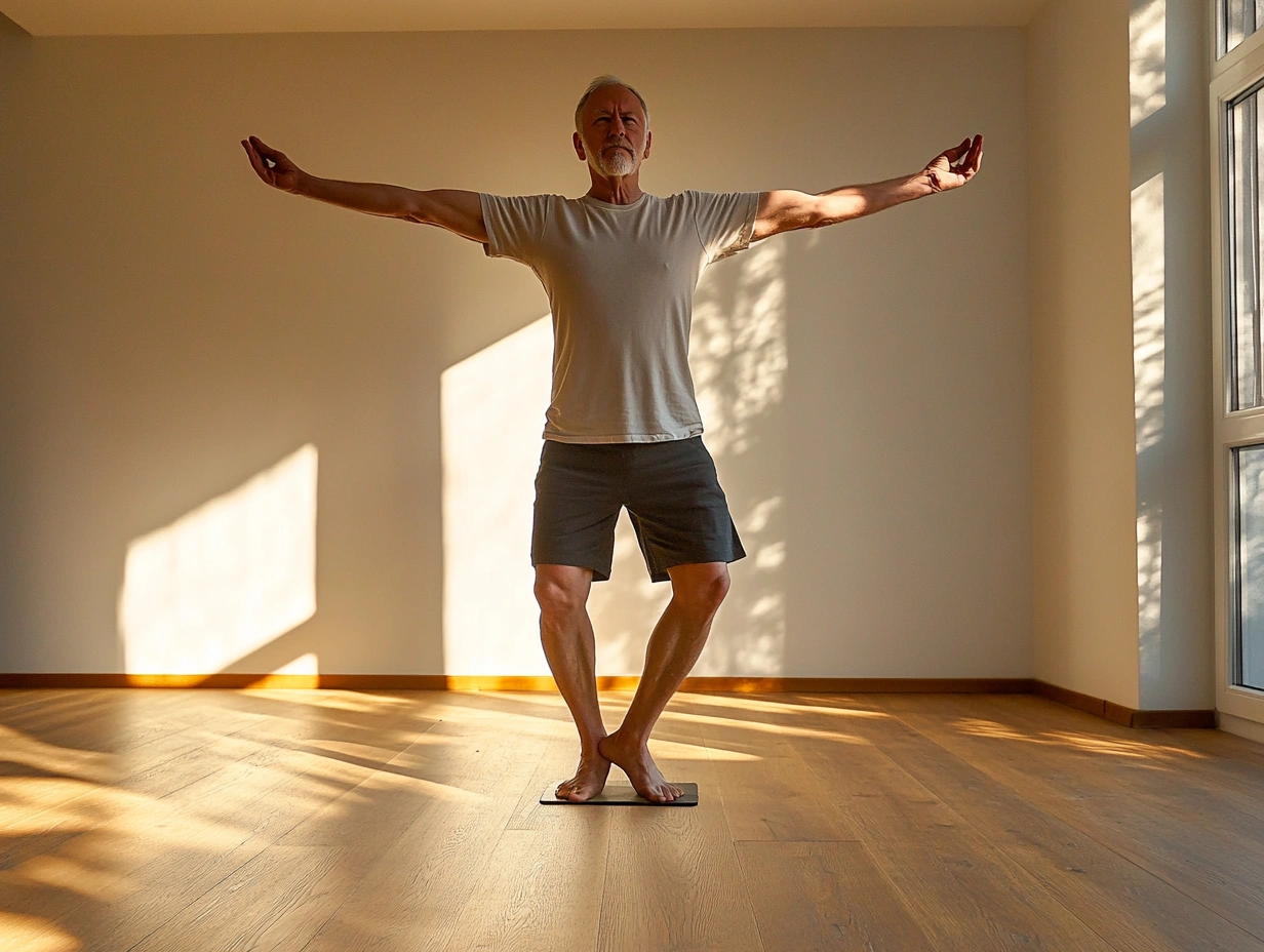 Пенсіонер виконує балансову позу для підвищення стабільності