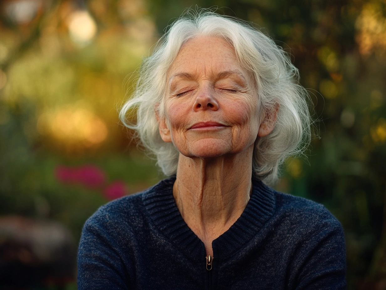 Жінка старшого віку медитує на природі у стані спокою